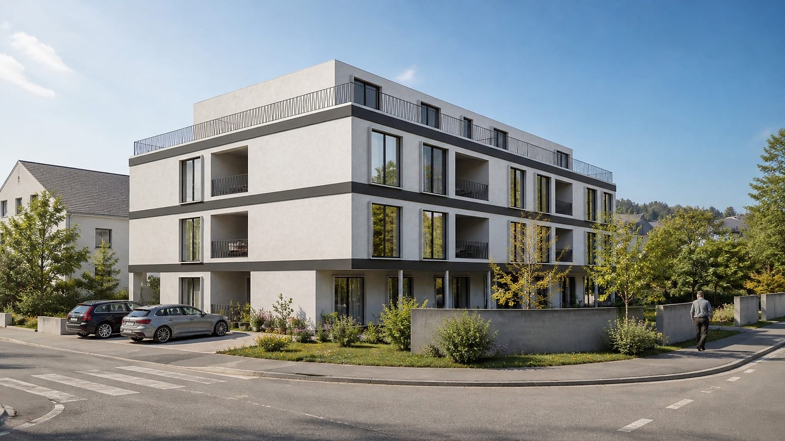 Visualisierung des bewilligten Neubauprojekts ARCIS in Untersiggenthal: viergeschossiges Mehrfamilienhaus an einer Quartierstrasse