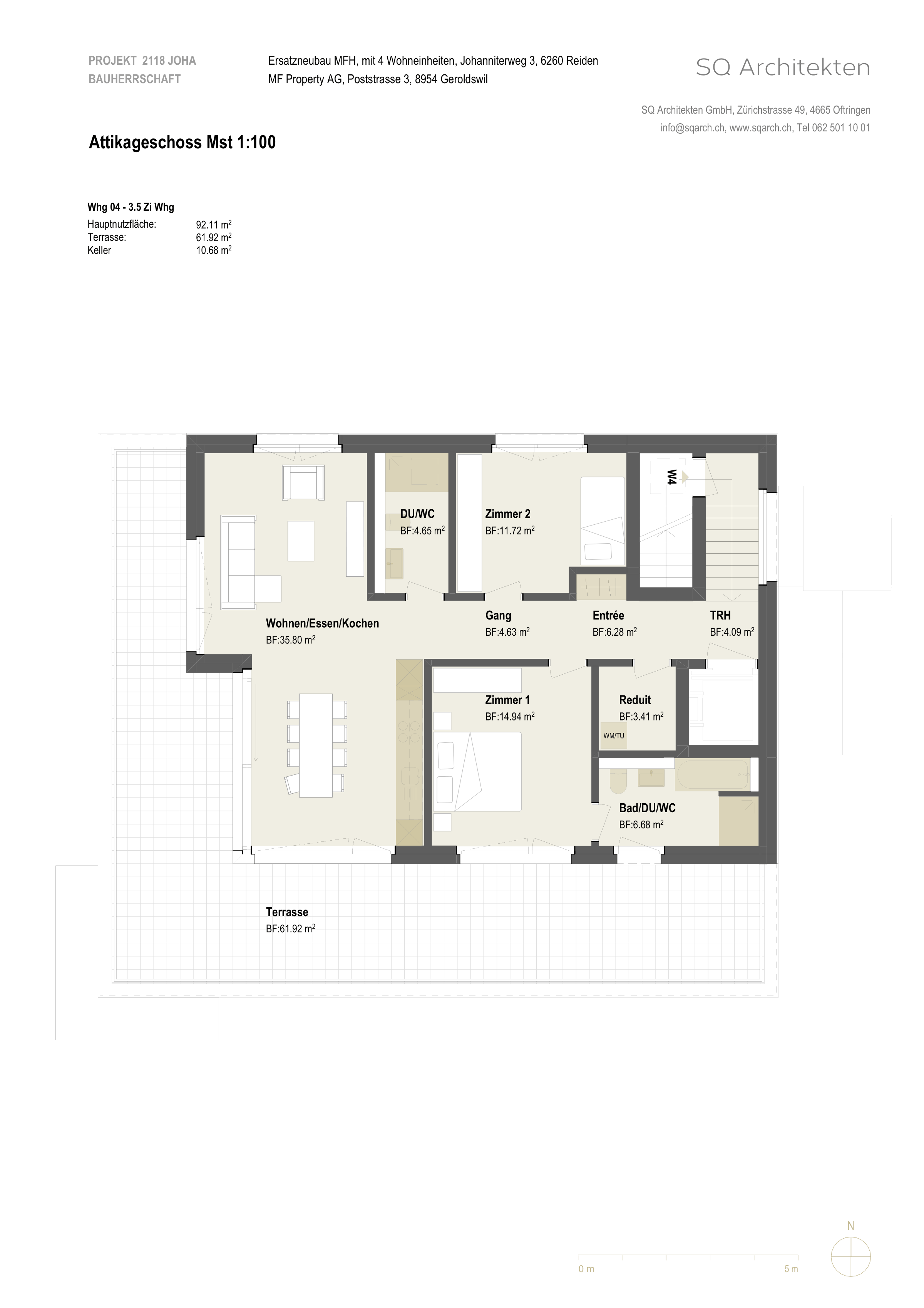 Grundriss Attikageschoss, Wohnung W4, 3.5 Zimmer, 97 m²