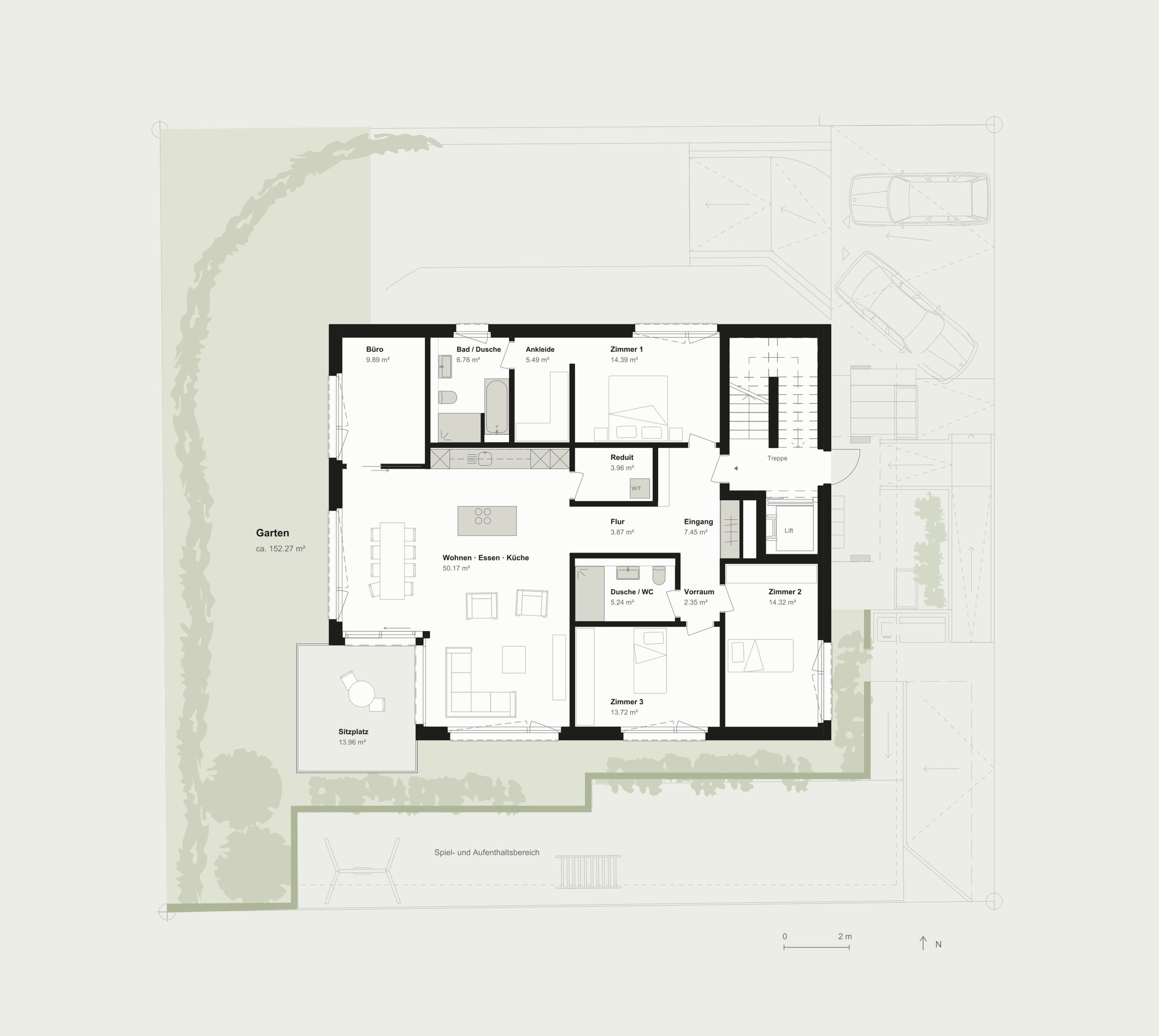 Grundriss Erdgeschoss, Wohnung W1, 5 Zimmer, 145 m²