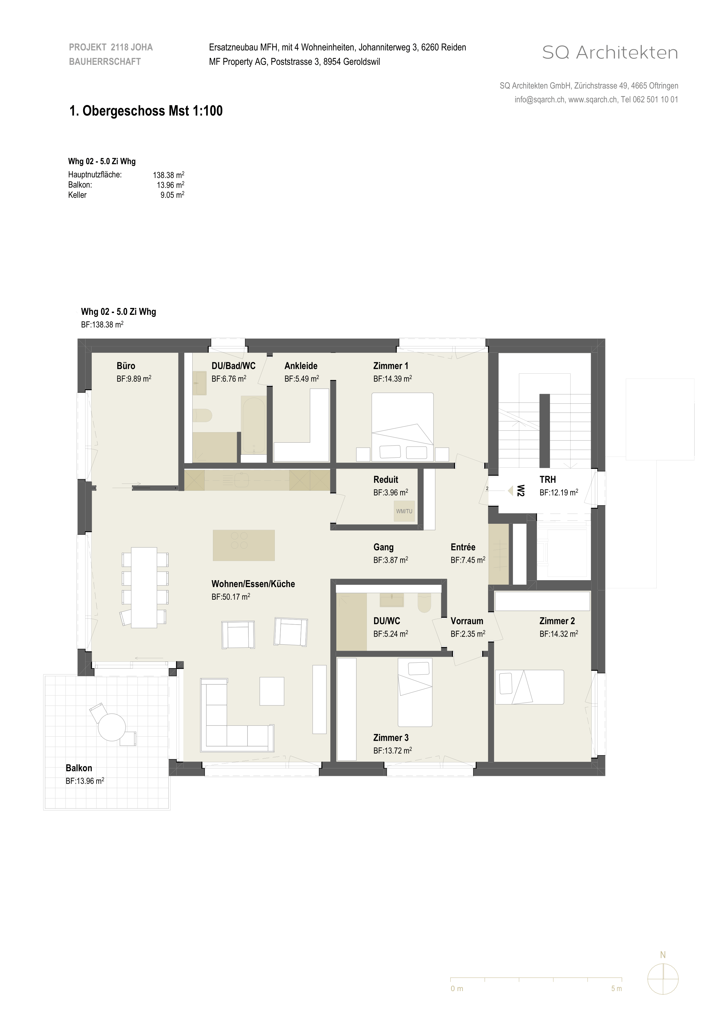 Grundriss 1. Obergeschoss, Wohnung W2, 5 Zimmer, 145 m²