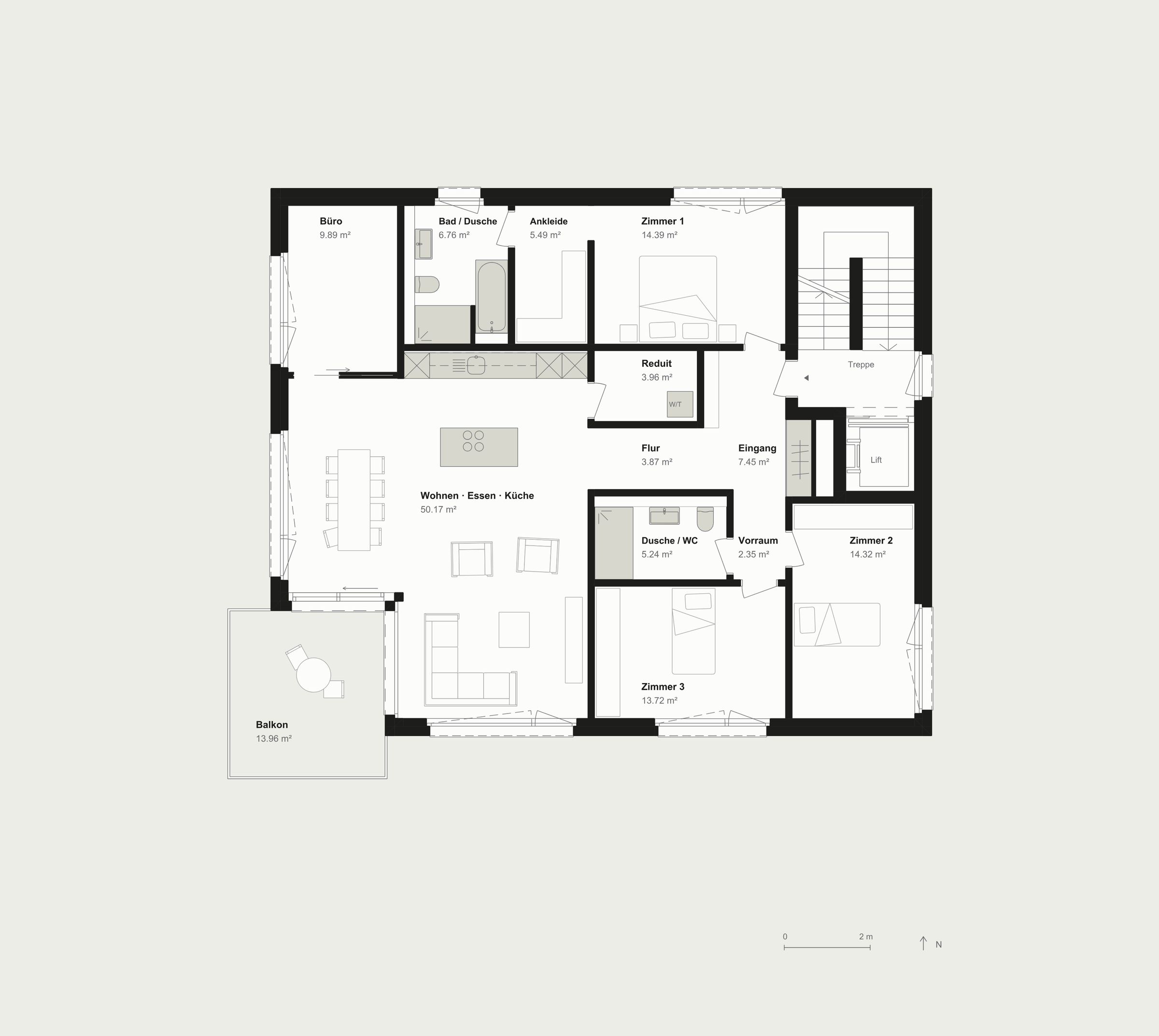 Grundriss 1. Obergeschoss, Wohnung W2, 5 Zimmer, 145 m²