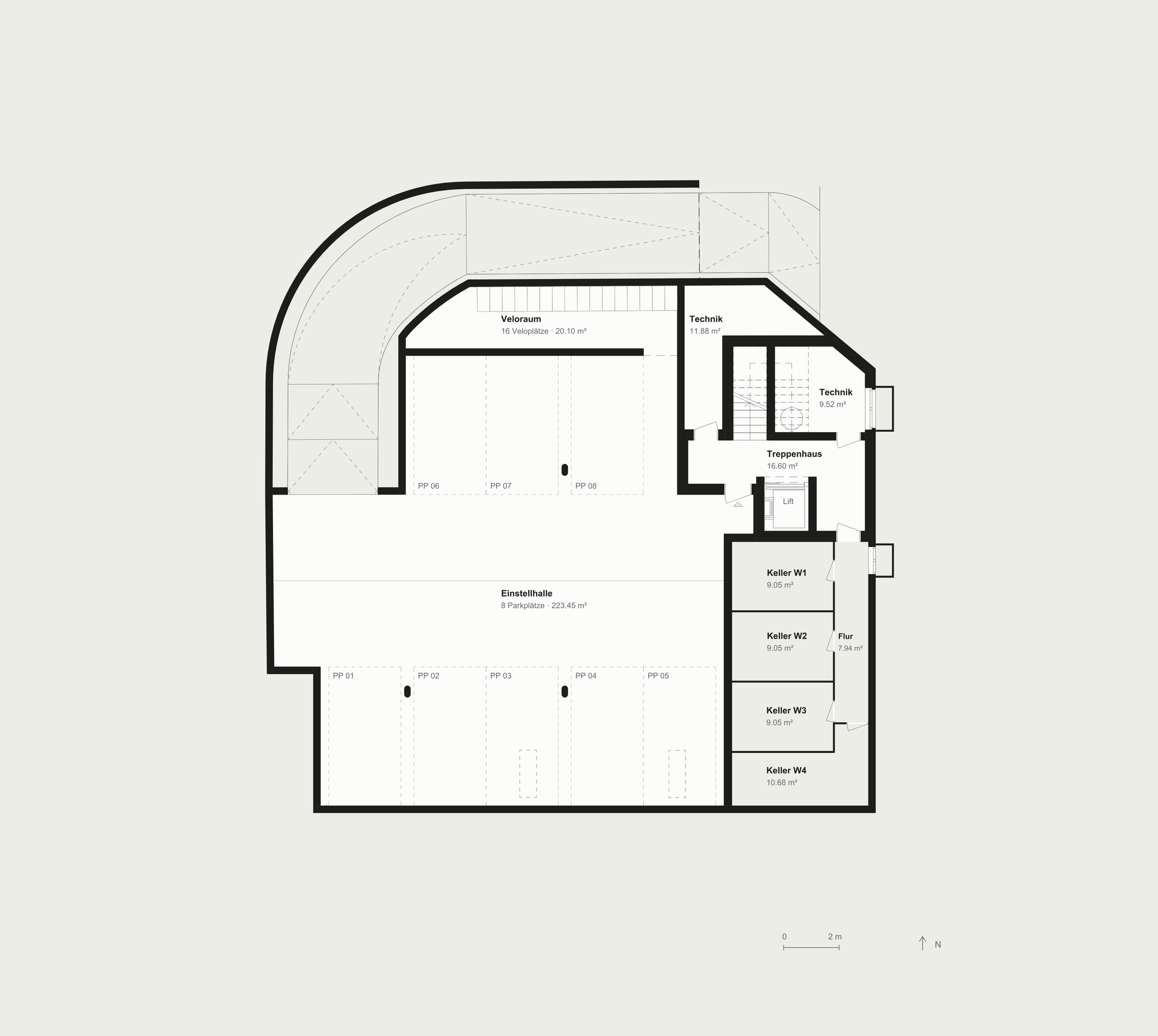 Untergeschoss, Einstellhalle mit 8 Plätzen, Veloraum, Technik und die Keller W1–W4