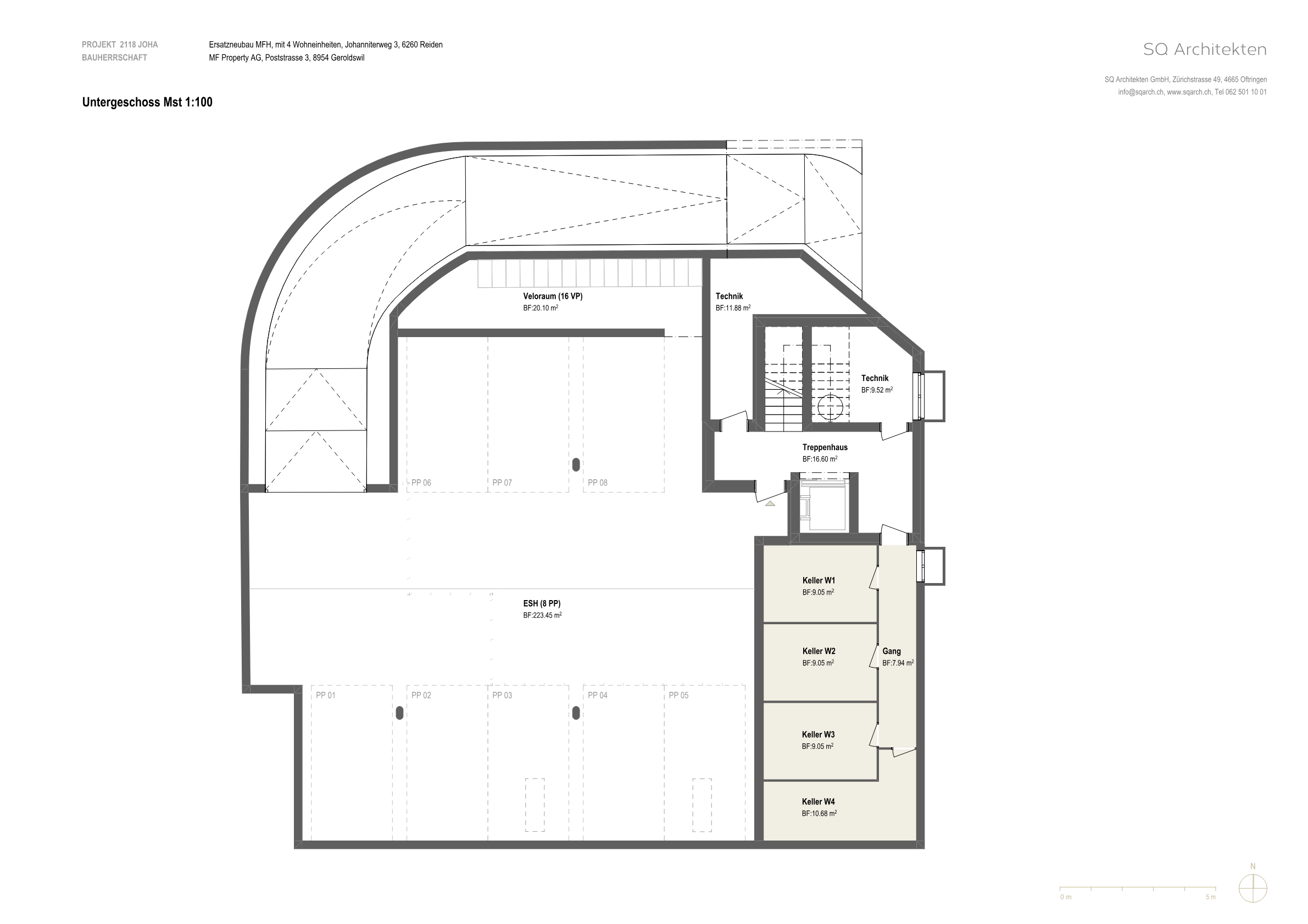 Untergeschoss, Einstellhalle mit 8 Plätzen, Veloraum, Technik und die Keller W1–W4