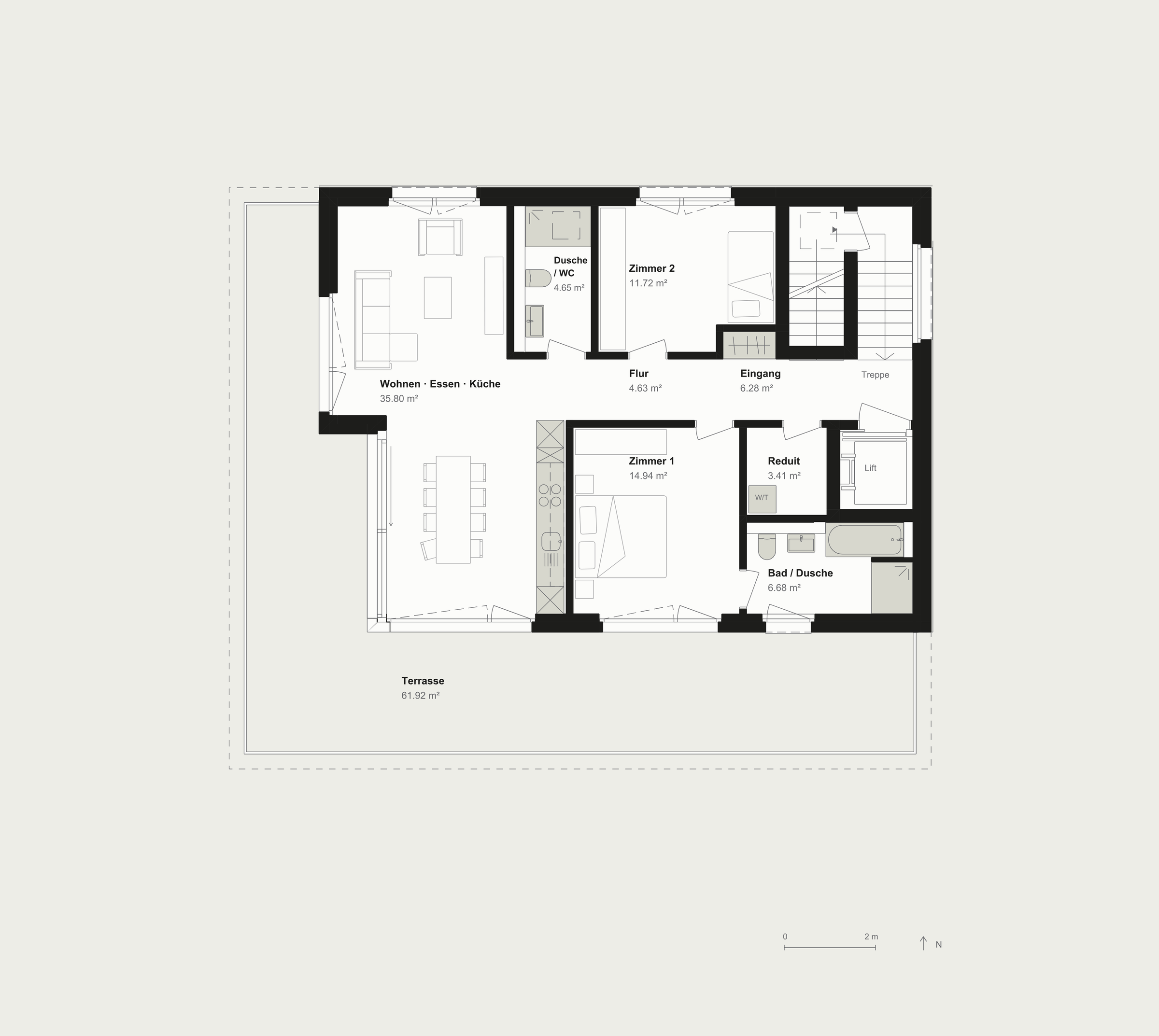 Grundriss Attikageschoss, Wohnung W4, 3.5 Zimmer, 97 m²