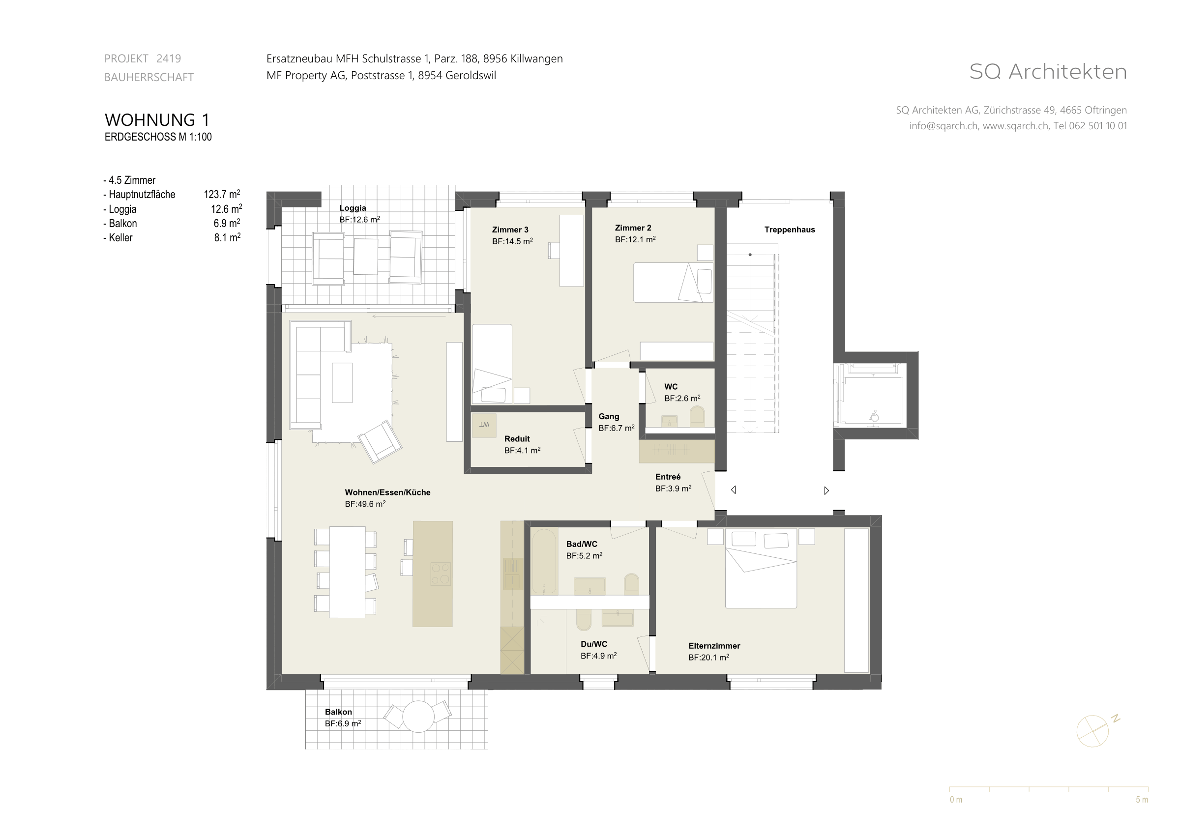 Grundriss Erdgeschoss, Wohnung 1, 4.5 Zimmer, 129 m²